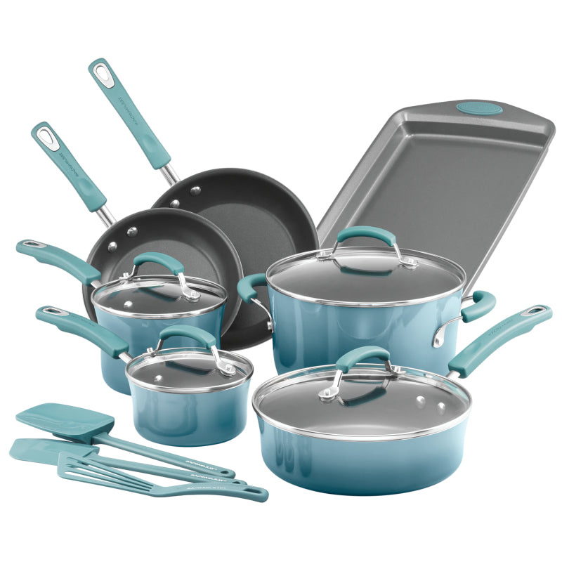 Rachael Ray Classic Brights Porcelain Nonstick 14-Piece Cookware Set with Bakeware and Tools, Agave Blue