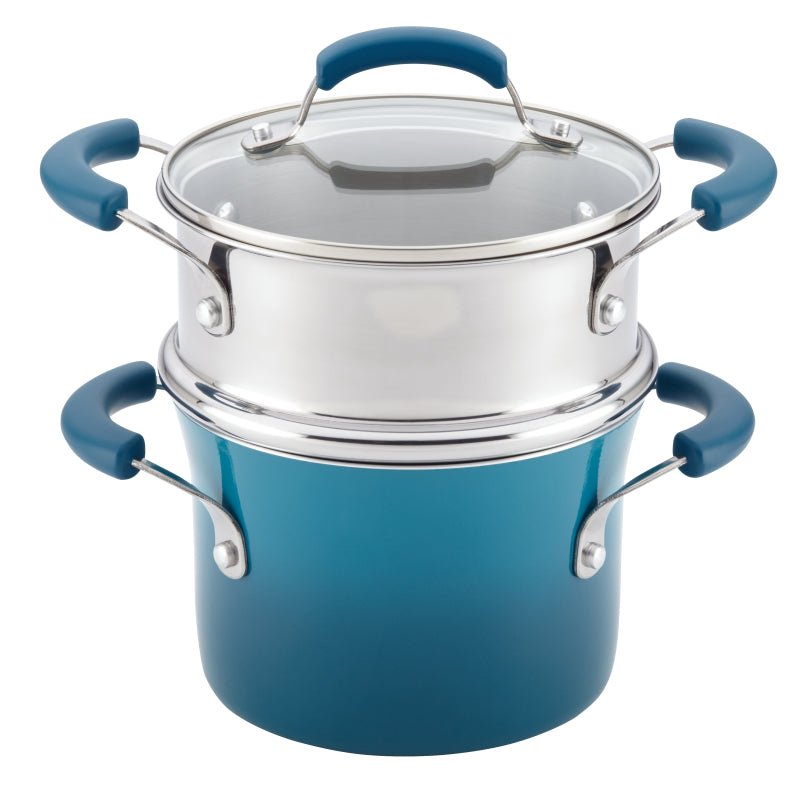 Rachael Ray Classic Brights Hard Enamel Nonstick Sauce Pot and Steamer Basket Insert Set with Lid, 3-Quart, Marine Blue Gradient