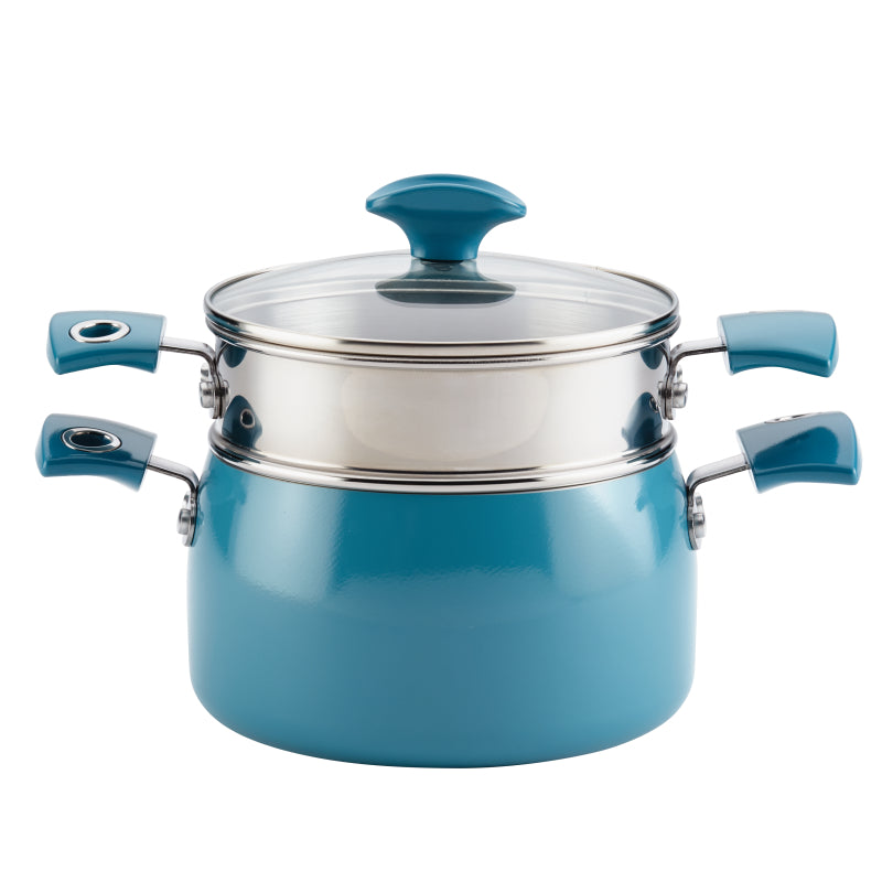 Rachael Ray Cityscapes Porcelain Enamel Nonstick Covered Steamer Set, 3-Quart, Turquoise