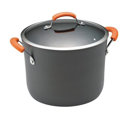 Rachael Ray Hard-Anodized Nonstick Stockpot with Lid, 10-Quart, Gray with Orange Handles