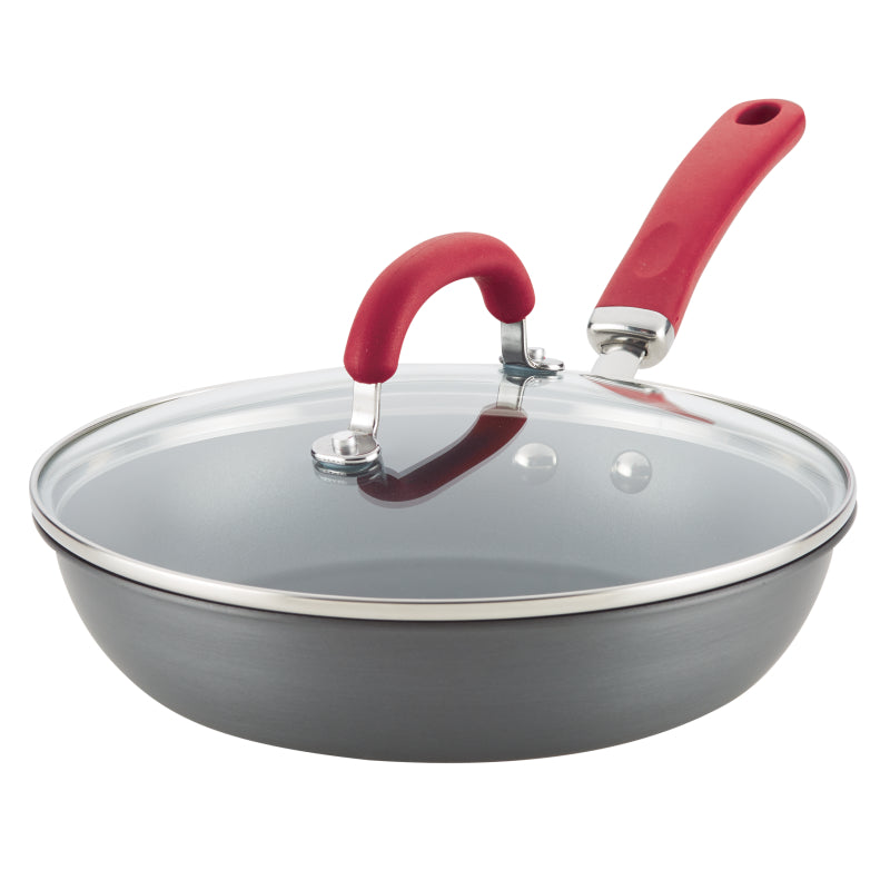 Rachael Ray Create Delicious Hard Anodized Aluminum Nonstick Induction Deep Frying Pan, 10.25-Inch, Red Handes