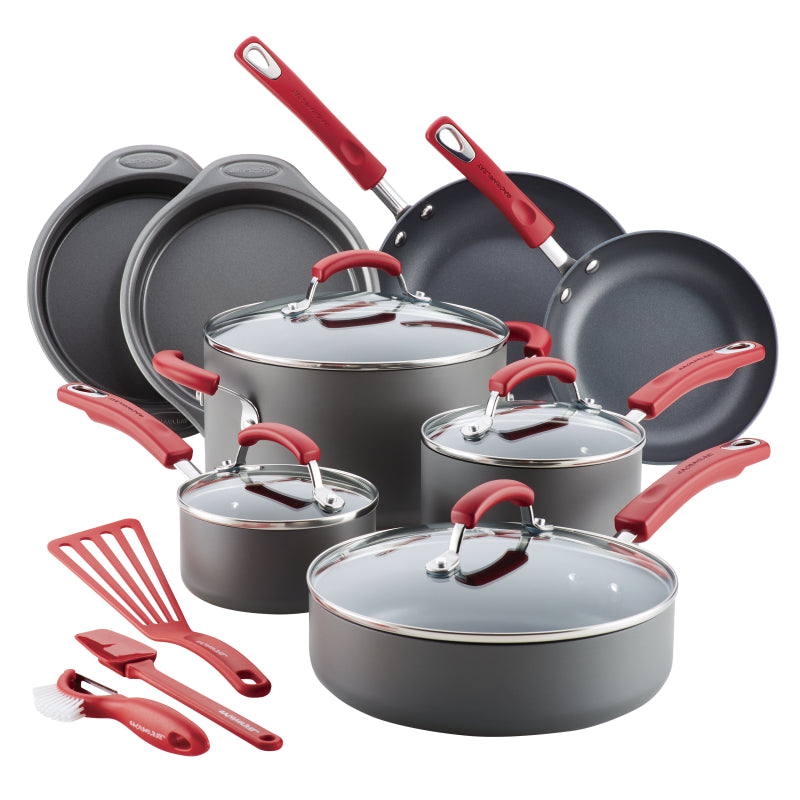 Rachael Ray Hard-Anodized Nonstick Cookware Set, 15-Piece, Gray with Red Handles