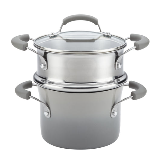 Rachael Ray Classic Brights Hard Enamel Nonstick Saucepot and Steamer Insert Set with Lid, 3-Quart, Two-Tone Sea Salt Gray