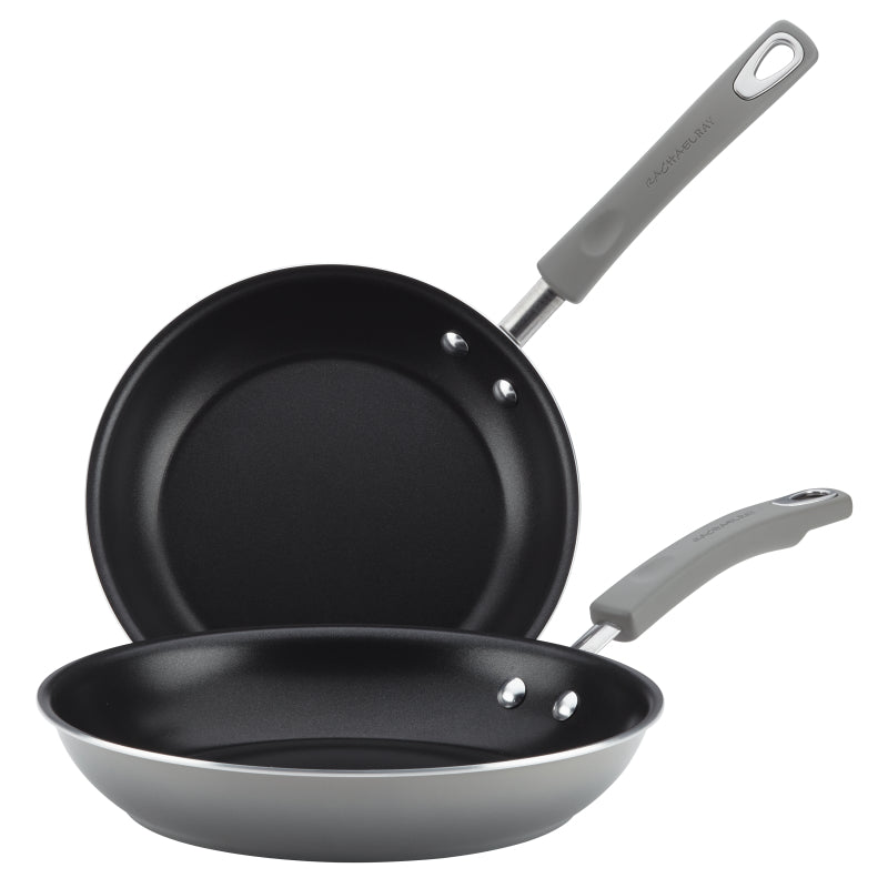 Rachael Ray Classic Brights Hard Enamel Aluminum Nonstick Set Frying Pan Set, 9.25-Inch & 11-Inch, Sea Salt Gray Gradient