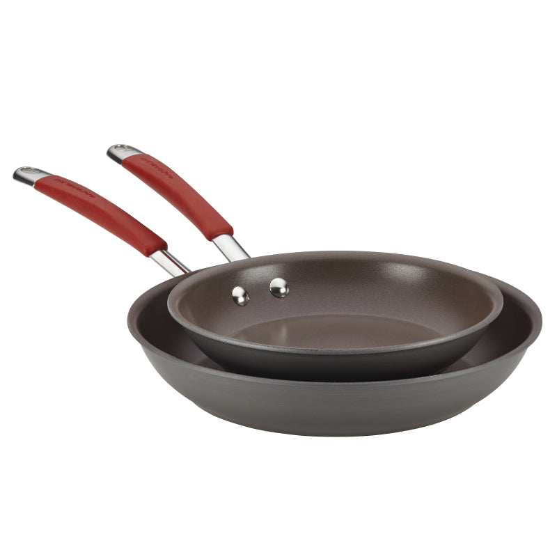 Rachael Ray Cucina Hard-Anodized Nonstick Frying Pan Set, 2-Piece, Gray with Cranberry Red Handles