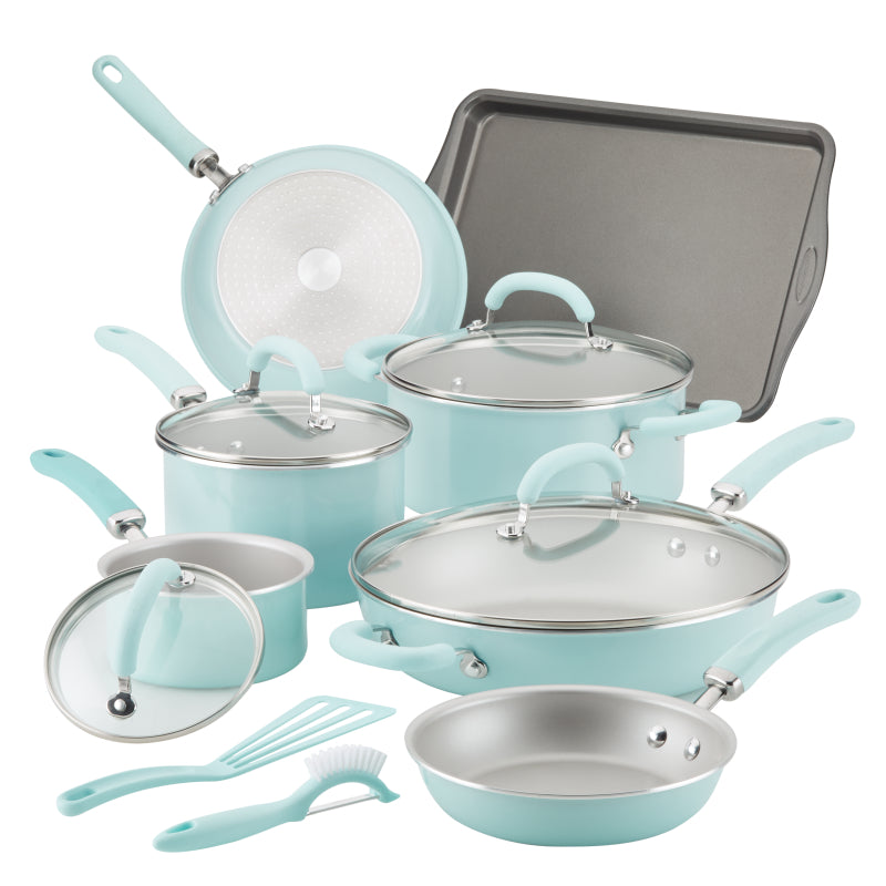 Rachael Ray Create Delicious Aluminum Nonstick Cookware Induction Pots and Pans Set, 13-Piece, Light Blue Shimmer