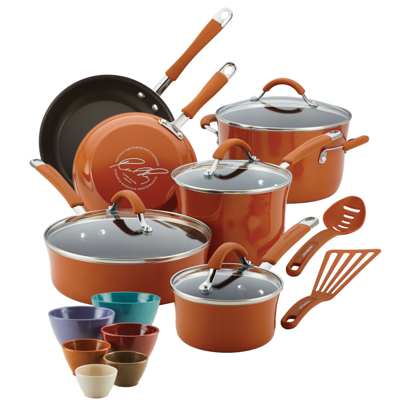 Rachael Ray Cucina Nonstick Cookware Pots and Pans Set, 18-Piece, Pumpkin Orange