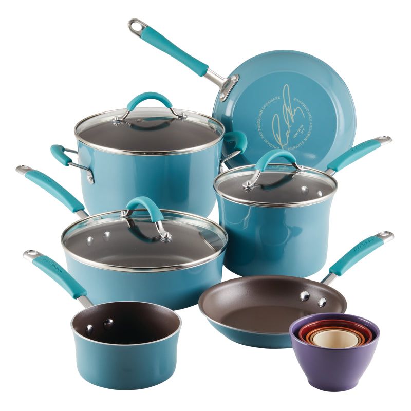 Rachael Ray Cucina Nonstick Cookware Pots and Pans Set, 14-Piece, Agave Blue