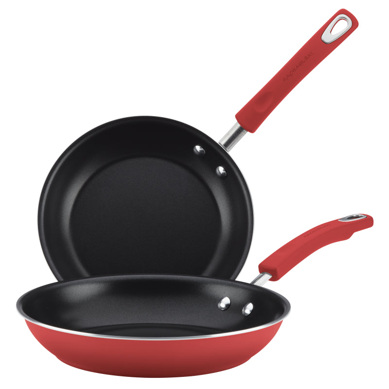 Rachael Ray Classic Brights Hard Enamel Nonstick Frying Pan Set, 9.25-Inch and 11-Inch, Red