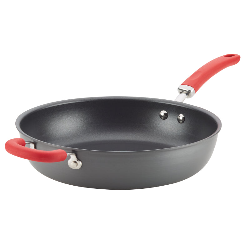 Rachael Ray Create Delicious Hard-Anodized Aluminum Nonstick Induction Deep Frying Pan, 12.5-Inch, Red Handle