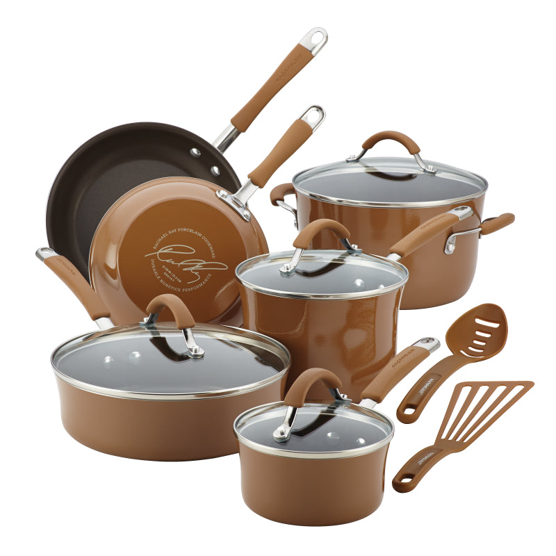 Rachael Ray Cucina Nonstick Cookware Pots and Pans Set, 12-Piece, Mushroom Brown