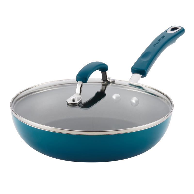 Rachael Ray Classic Brights Hard Enamel Nonstick Deep Frying Pan, 9.5-Inch, Marine Blue