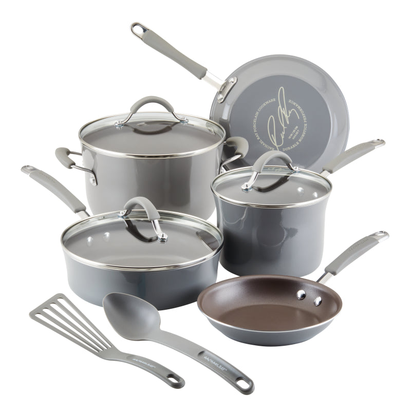 Rachael Ray Cucina Nonstick Cookware Pots and Pans Set, 10-Piece, Sea Salt Gray