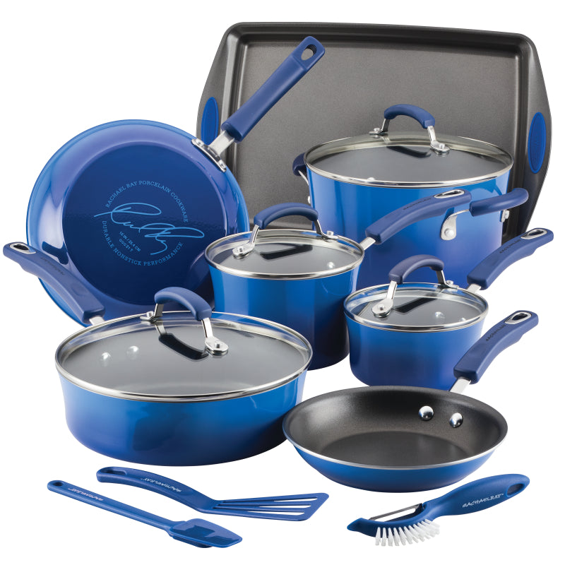 Rachael Ray Classic Brights Hard Enamel Nonstick 14-Piece Cookware Set, Blue Gradient