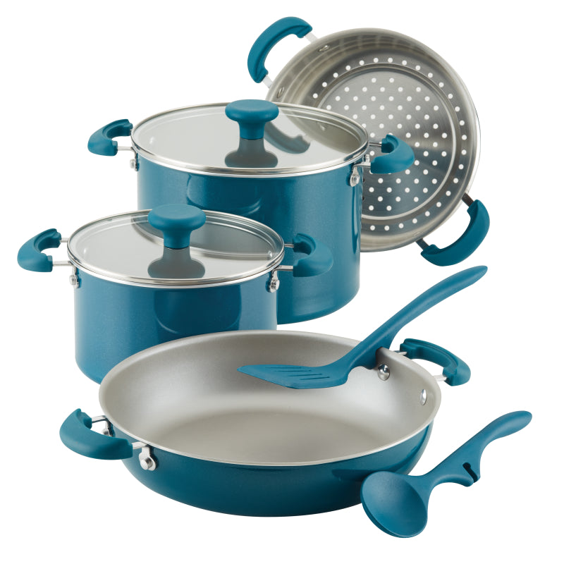 Rachael Ray Create Delicious Stackable Nonstick Cookware Induction Pots and Pans Set, 8-Piece, Teal Shimmer