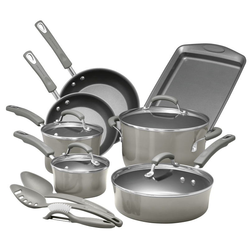 Rachael Ray(r) Classic Brights Porcelain Enamel Nonstick Cookware Set, Sea Salt Gray, 14-Piece