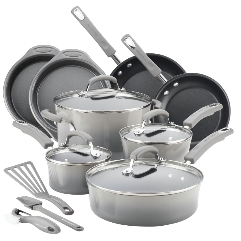 Rachael Ray Classic Brights Hard Porcelain Enamel Nonstick Cookware Set, 15-Piece, Sea Salt Gray Gradient