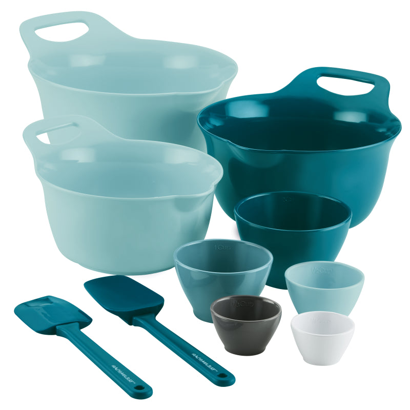 Rachael Ray Mix and Measure Mixing Bowl Measuring Cup and Utensil Set, 10-Piece, Light Blue and Teal