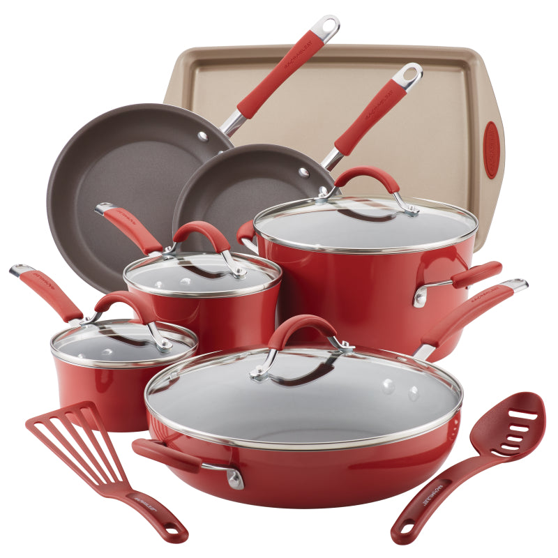 Rachael Ray Cucina Nonstick Cookware Pots and Pans Set, 13-Piece, Cranberry Red