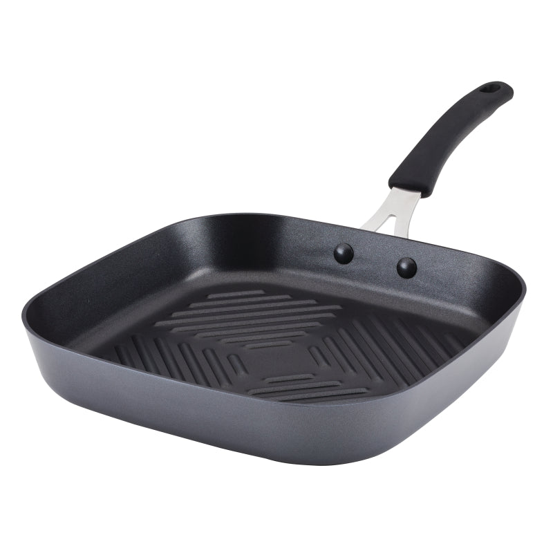 Rachael Ray Cook + Create Hard Anodized Nonstick Grill Pan with Silicone Handle, 11-Inch, Black