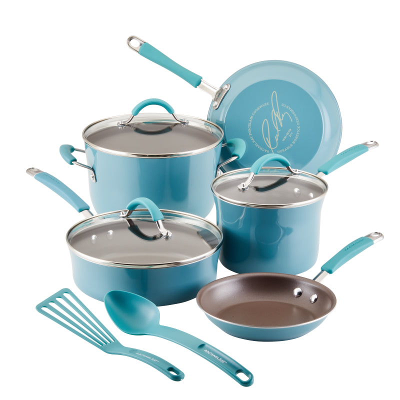 Rachael Ray Cucina Nonstick Cookware Pots and Pans Set, 10-Piece, Agave Blue