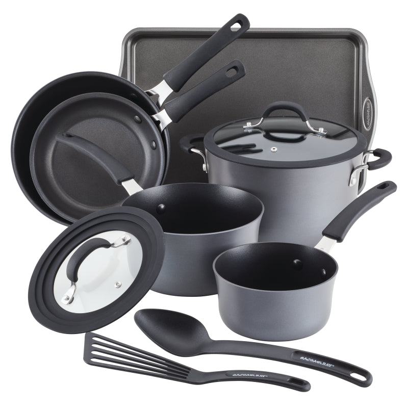 Rachael Ray Cook + Create Hard Anodized Nonstick Cookware Set, 10-Piece, Gray