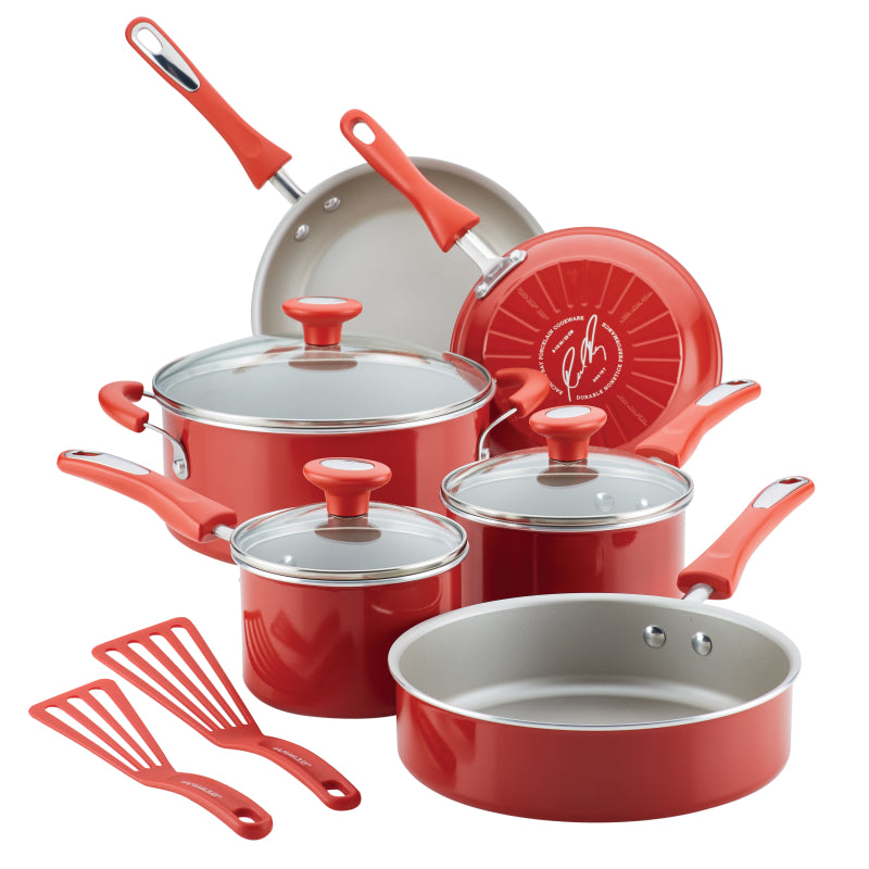 Rachael Ray Get Cooking! Aluminum Nonstick Cookware Set, 11-Piece, Red