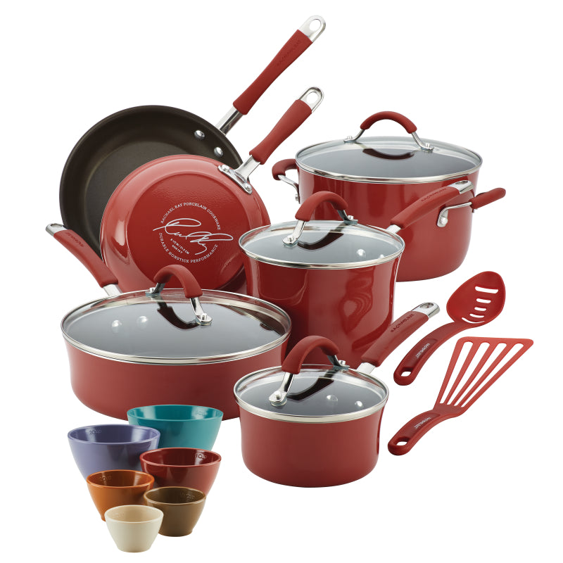 Rachael Ray Cucina Nonstick Cookware Pots and Pans Set, 18-Piece, Cranberry Red