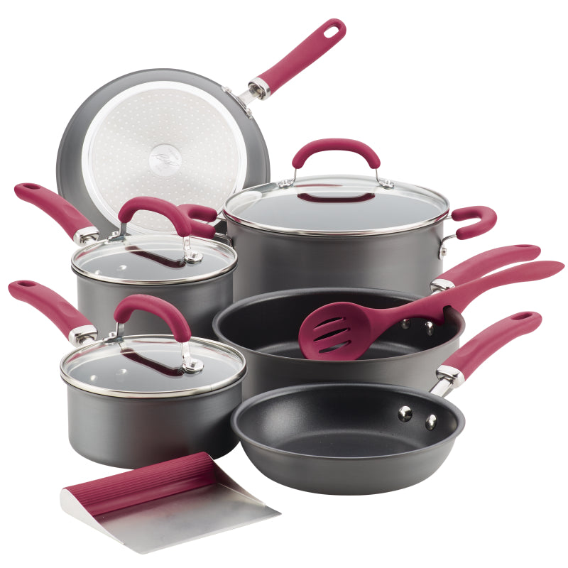 Rachael Ray Create Delicious Hard-Anodized Aluminum Nonstick Cookware Set, 11-Piece, Burgundy Handles