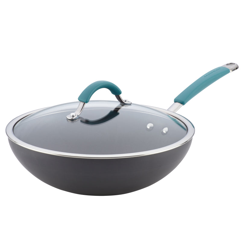 Rachael Ray Cucina Hard-Anodized Nonstick Stir-Fry Pan with Lid, 11-Inch, Gray with Agave Blue Handles