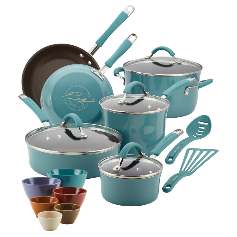 Rachael Ray Cucina Nonstick Cookware Pots and Pans Set, 18-Piece, Agave Blue