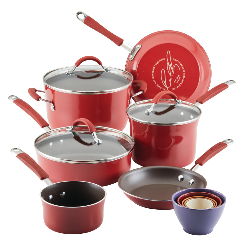 Rachael Ray Cucina Nonstick Cookware Pots and Pans Set, 14-Piece, Cranberry Red