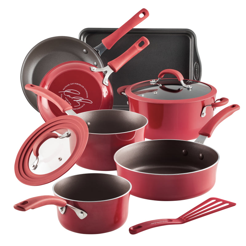 Rachael Ray Cook + Create Aluminum Nonstick Cookware Set, 10-Piece, Red