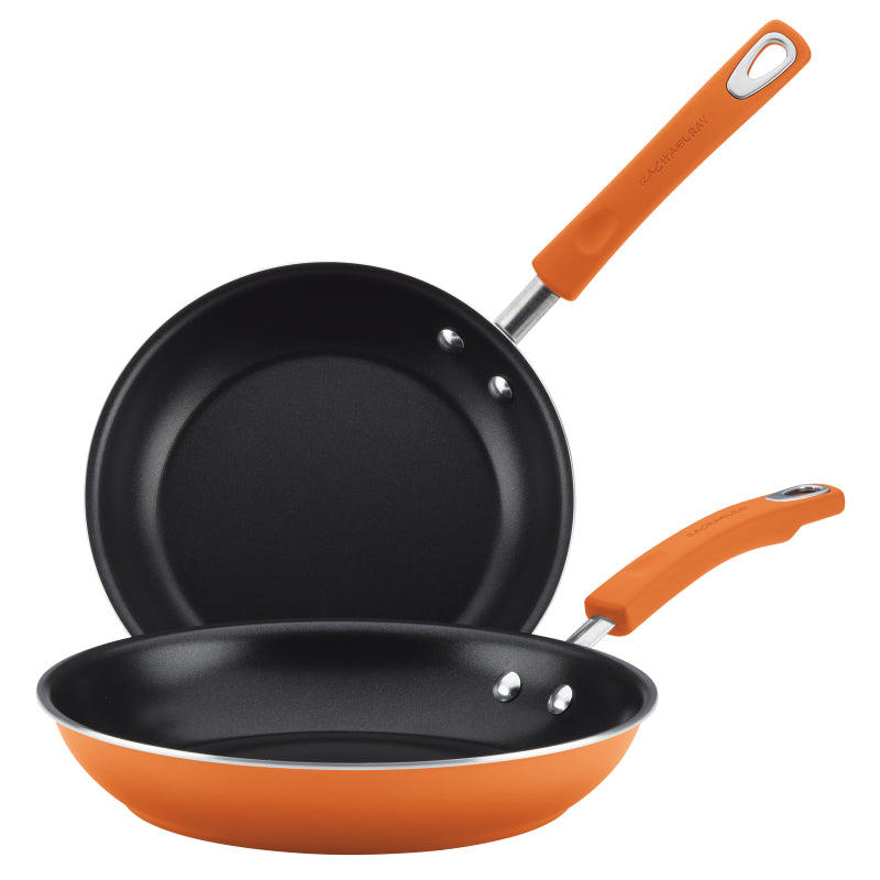 Rachael Ray Classic Brights Hard Enamel Nonstick Frying Pan Set, 9.25-Inch and 11-Inch, Orange