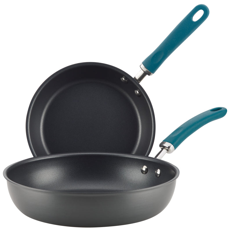 Rachael Ray Create Delicious Hard-Anodized Aluminum Nonstick Deep Skillet Twin Pack, 9.5-Inch and 11.75-Inch, Teal Handles