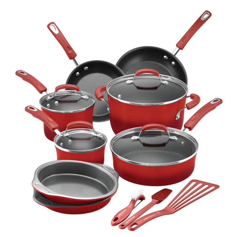 Rachael Ray Classic Brights Hard Porcelain Enamel Nonstick Cookware Set, 15-Piece, Red Gradient