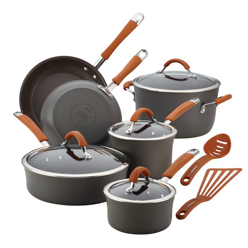 Rachael Ray Cucina Hard-Anodized Nonstick Cookware Set, 12-Piece, Gray with Pumpkin Orange Handles