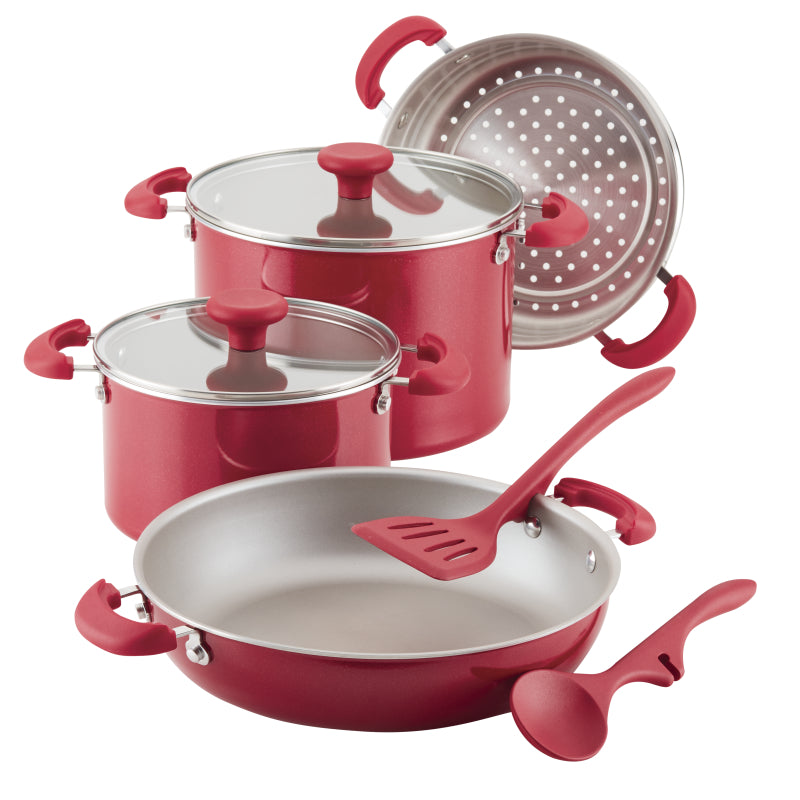 Rachael Ray Create Delicious Stackable Nonstick Cookware Induction Pots and Pans Set, 8-Piece, Red Shimmer