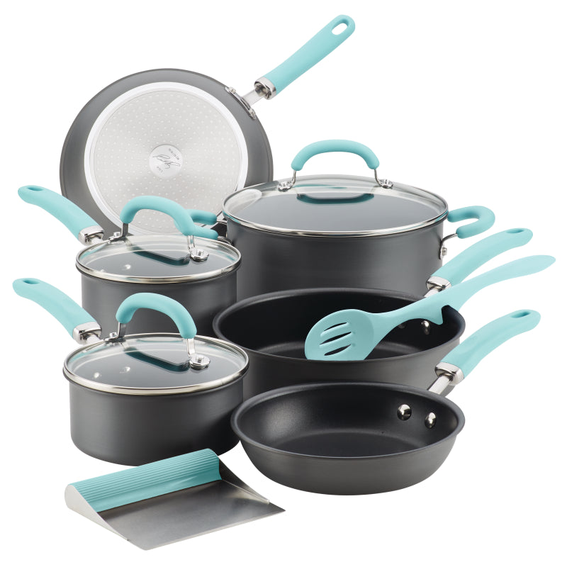 Rachael Ray Create Delicious Hard-Anodized Aluminum Nonstick Cookware Induction Pots and Pans Set, 11-Piece, Light Blue Handles