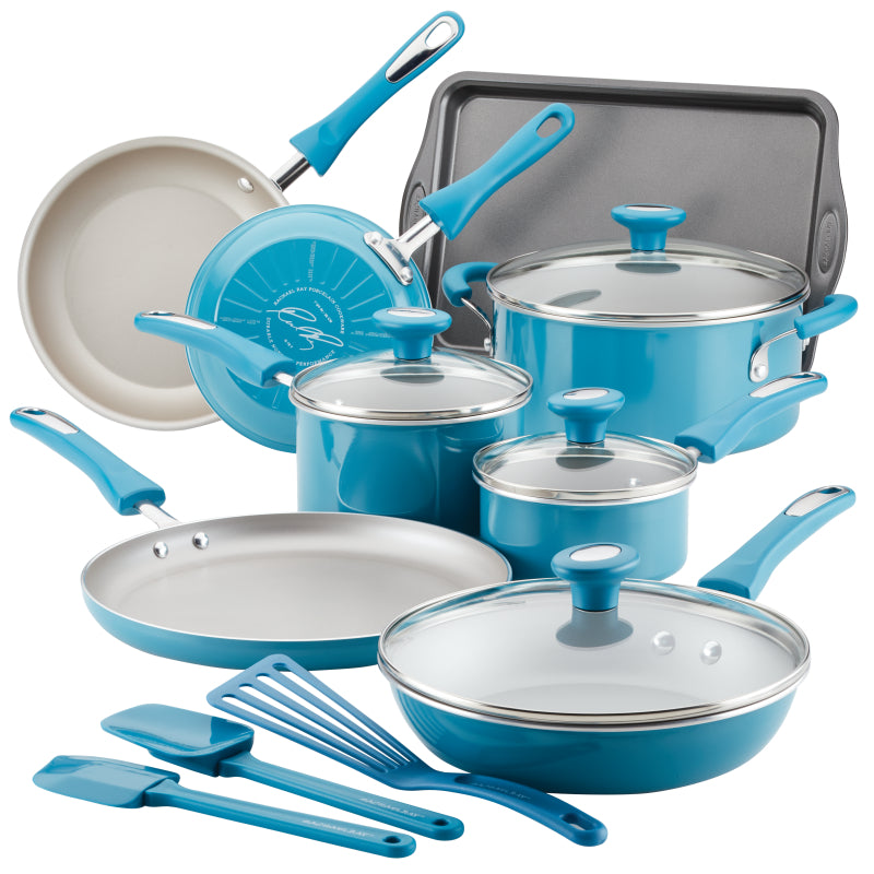 Rachael Ray Get Cooking! Aluminum Nonstick Cookware Set, 15-Piece, Turquoise