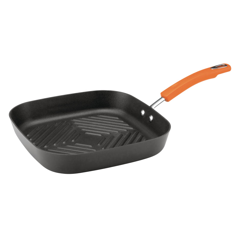 Rachael Ray Classic Brights Hard Anodized Nonstick Square Stovetop Grill Pan, 11-Inch, Gray with Orange Handle