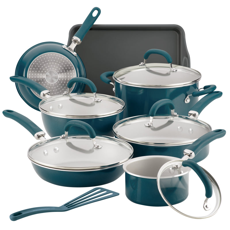 Rachael Ray Create Delicious Aluminum Nonstick Cookware Induction Pots and Pans Set, 13-Piece, Teal Shimmer