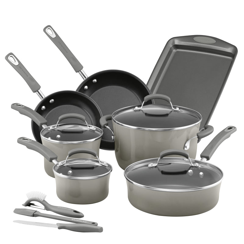 Rachael Ray Classic Brights Porcelain Enamel II Nonstick Cookware Set, Sea Salt Gray, 14-Piece