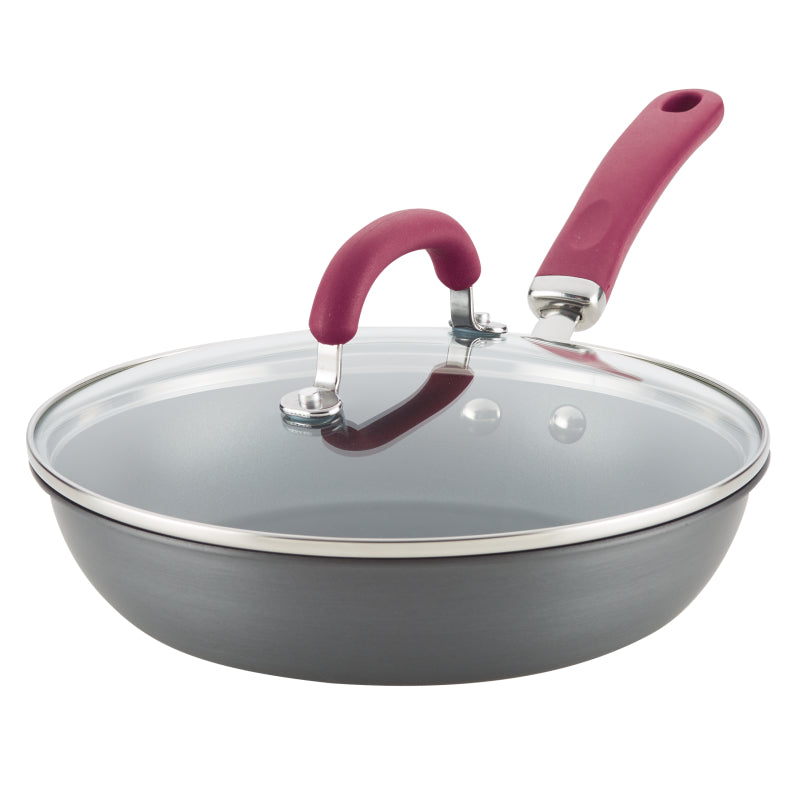 Rachael Ray Create Delicious Hard Anodized Aluminum Nonstick Induction Deep Frying Pan with Lid, 10.25-Inch, Burgundy Handles