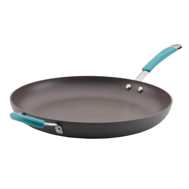 Rachael Ray Cucina Hard-Anodized Nonstick Frying Pan, 14-Inch, Gray with Agave Blue Handles