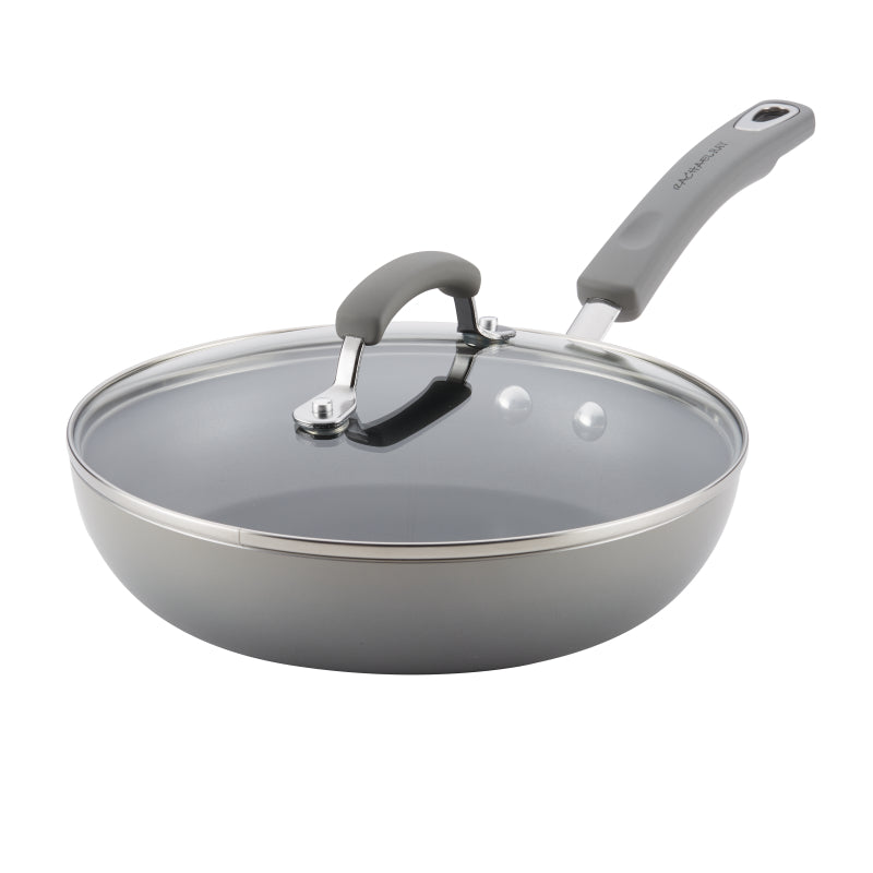 Rachael Ray Classic Brights Hard Enamel Nonstick Deep Frying Pan with Lid, 9.5", Sea Salt Gray