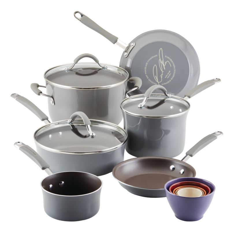 Rachael Ray Cucina Nonstick Cookware Pots and Pans Set, 14-Piece, Sea Salt Gray