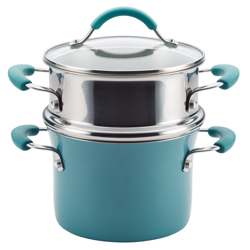 Rachael Ray Cucina Nonstick Saucepot with Steamer and Lid, 3-Quart Saucepot with Steamer Insert and Lid, Agave Blue