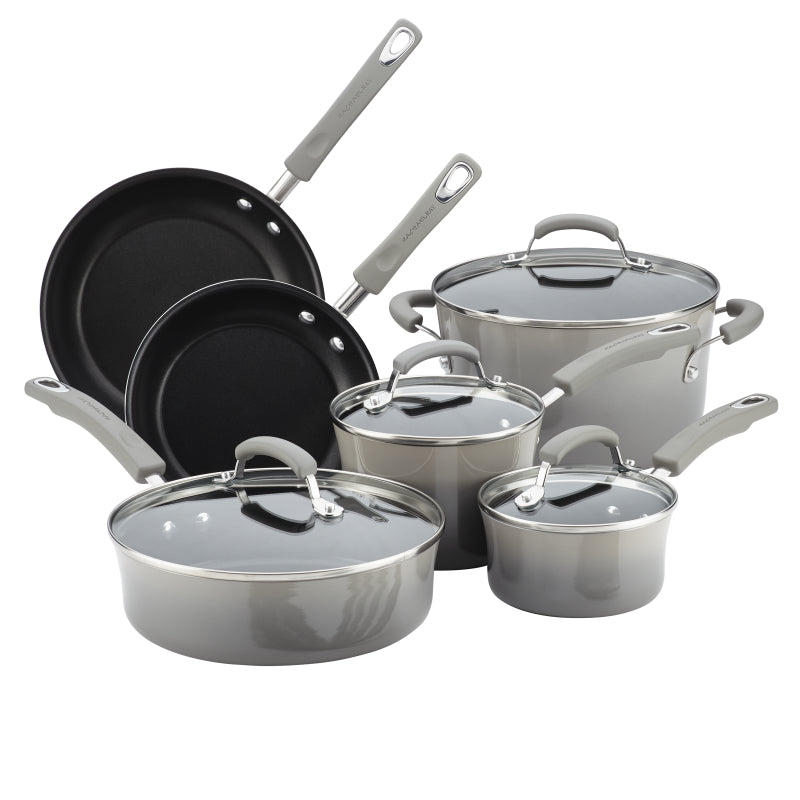 Rachael Ray Classic Brights Porcelain Enamel Nonstick Cookware Set, 10-Piece, Sea Salt Gray