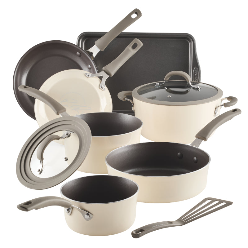 Rachael Ray Cook + Create Aluminum Nonstick Cookware Set, 10-Piece, Almond